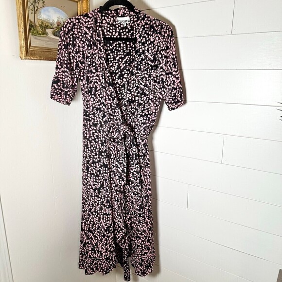 Ganni Floral Print Wrap Midi Dress Pink Black Dainty Feminine Size 36/Small - Picture 1 of 8